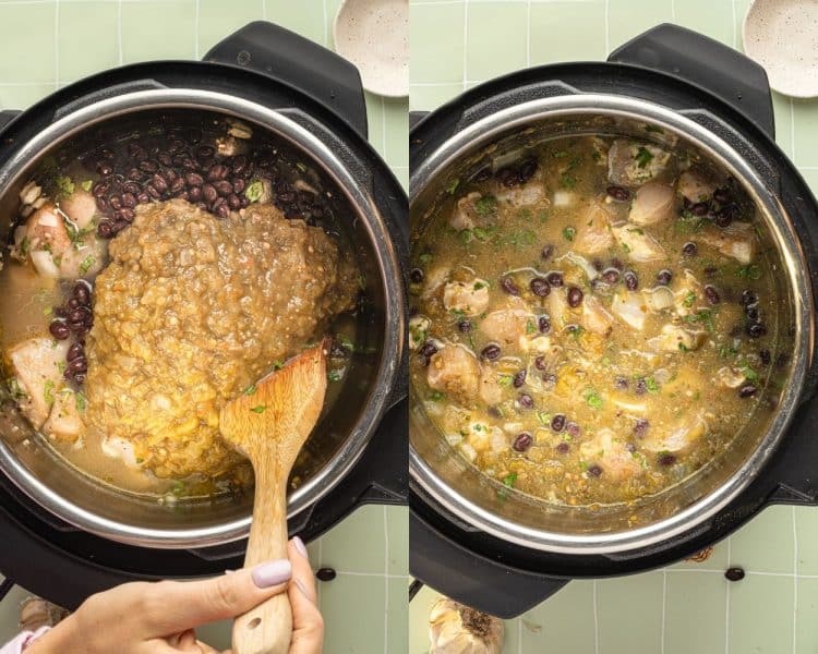 Side by side images of an overhead shot of the inside of an Instant Pot. Left side shows salsa, black beans, chicken, and chicken broth seperated in sections. Right side shows those same ingredients mixed.