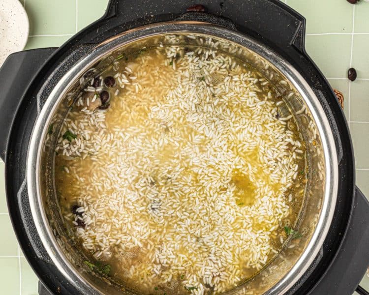 Overhead of the inside of an instant pot with white rice on top with a bit of chicken broth showing.