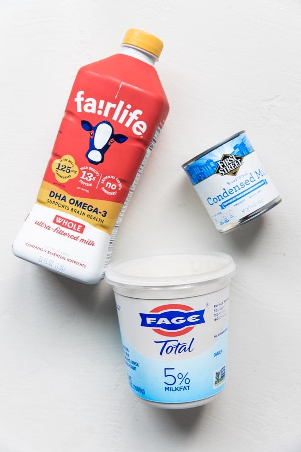 fairlife whole milk ultra filteres, sweetened condensed milk, 5% milkfat yogurt