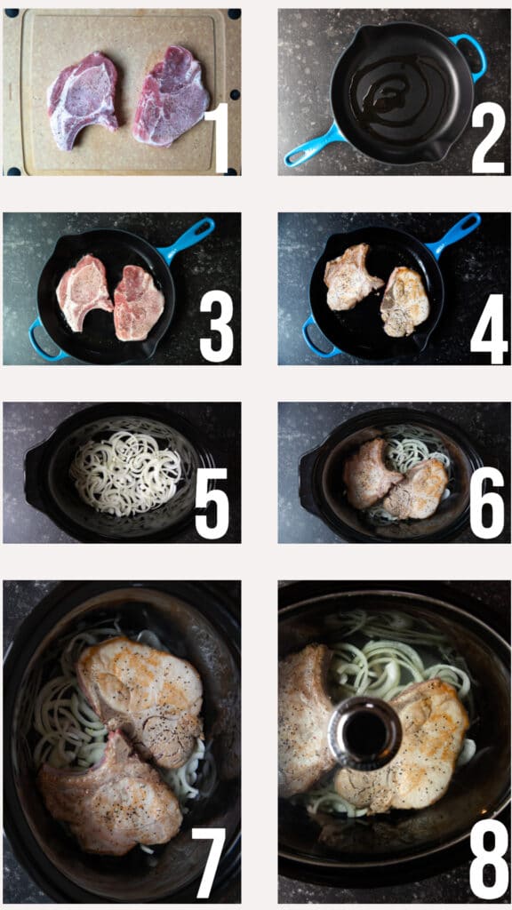 step by step photos of how to brown bone in pork chops and then cook in the crock pot