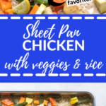 chicken thighs, white rice and vegetables on a sheet pan