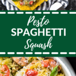 spaghetti squash with pesto in a white bowl