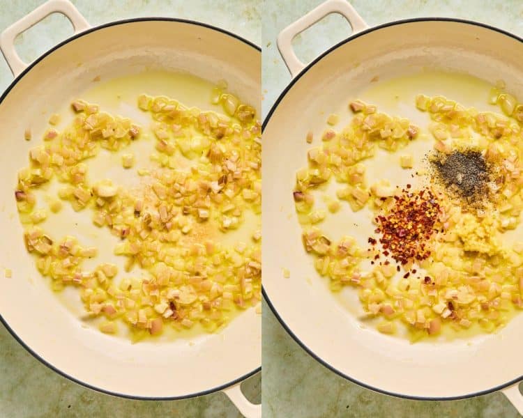 side by side images of saute pan browning shallots and adding spices.