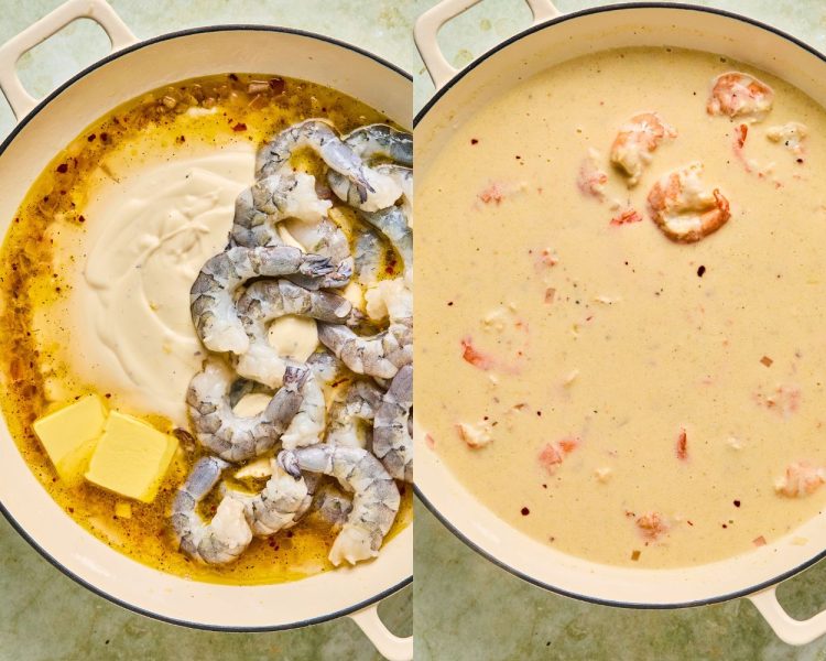 side by side images. left side shows scampi sauce with butter and raw shrimp added. right side shows them mixed and shrimp cooked.