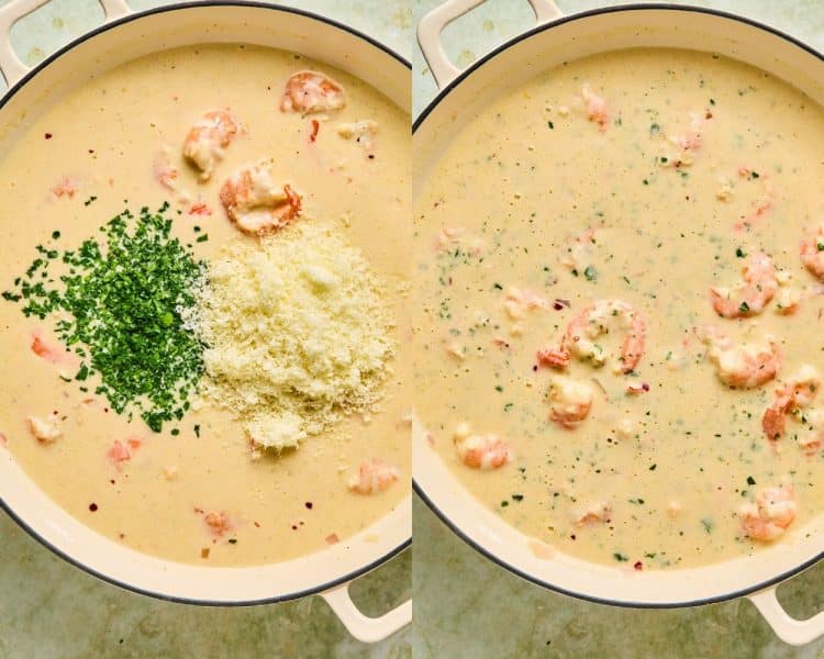 side by side images of making shrimp scampi sauce.