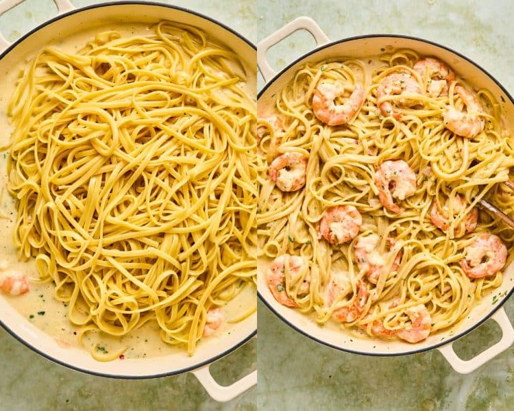 side by side images of linguine pasta added to a pot with sauce, then right side shows the pasta mixed in the sauce and shrimp.