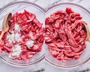 Split image of raw beef strips in a glass bowl. On the left, beef is topped with cornstarch and baking soda. On the right, the ingredients are mixed, coating the beef evenly.