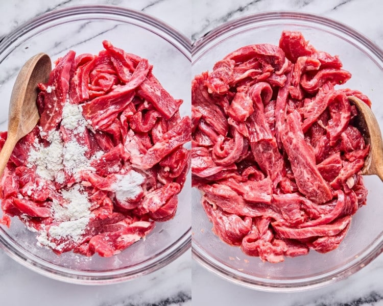 Split image of raw beef strips in a glass bowl. On the left, beef is topped with cornstarch and baking soda. On the right, the ingredients are mixed, coating the beef evenly.