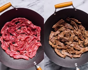 Two images of a wok: on the left, raw marinated beef is arranged in a single layer. On the right, the beef is browned and cooked through.