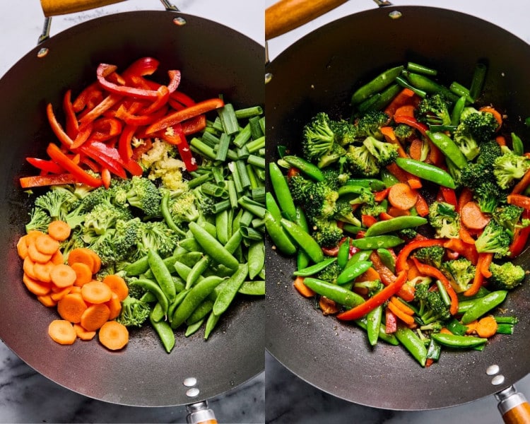 Split image of a wok: the left side shows raw vegetables including sliced carrots, broccoli florets, snap peas, red bell pepper strips, green onion, and minced garlic. On the right, the veggies are brightened and slightly softened after stir-frying.