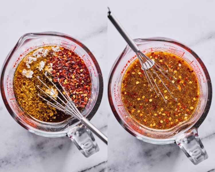 Split image of a glass measuring cup: the left side shows sauce ingredients—soy sauce, chili flakes, cornstarch, and garlic—before mixing. The right side shows the sauce fully whisked and combined.