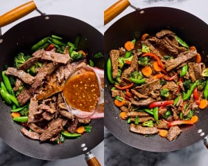 Two images of the stir fry in a wok. On the left, cooked beef is added back in with vegetables, and sauce is being poured over the top. On the right, the stir fry is mixed together, coated in sauce, and ready to serve.