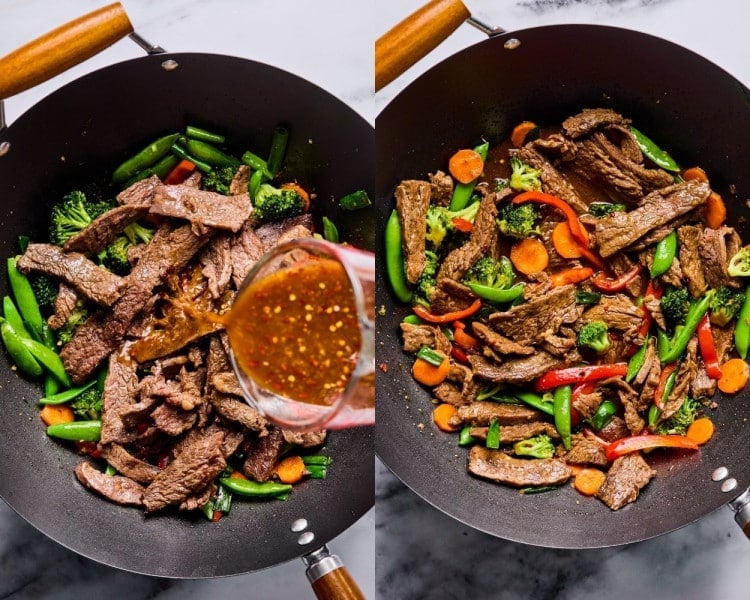 Two images of the stir fry in a wok. On the left, cooked beef is added back in with vegetables, and sauce is being poured over the top. On the right, the stir fry is mixed together, coated in sauce, and ready to serve.