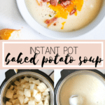 instant pot baked potato soup in a white bowl