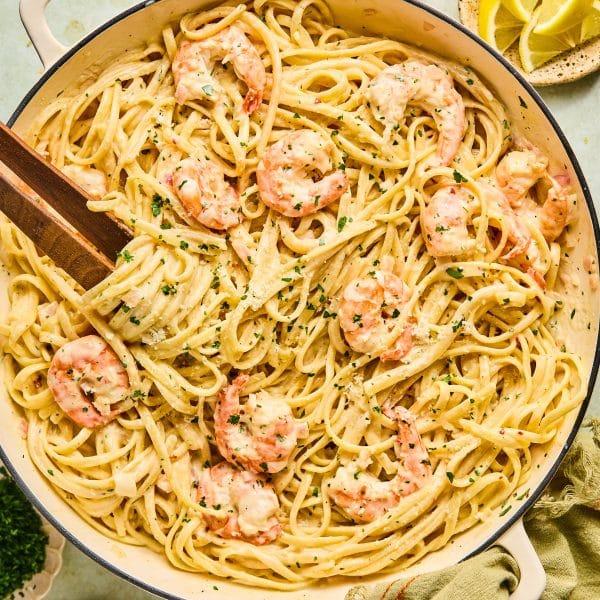 Bowl of linguine pasta in a white sauce with shrimp.