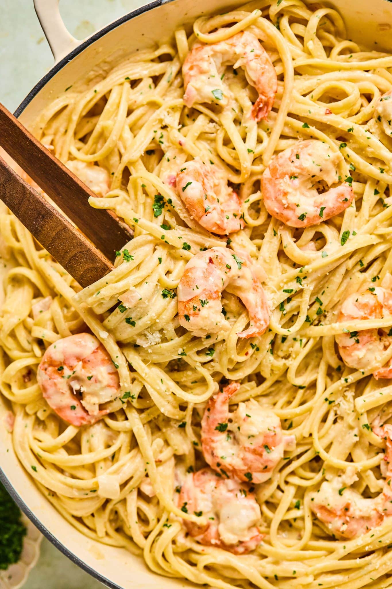 linguine pasta tossed with cooked shrimp. 