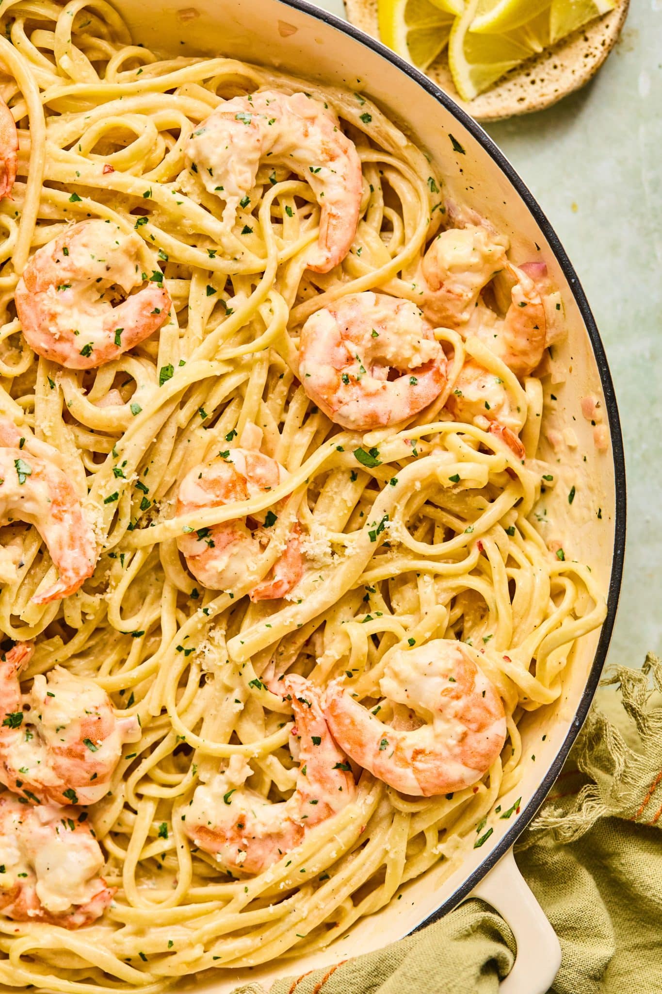 linguine pasta and shrimp in an alfredo scampi sauce. 