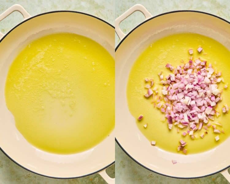 side by side images of saute pan with melted butter and olive oil on the left, then the same pan with diced shallots added on the right.