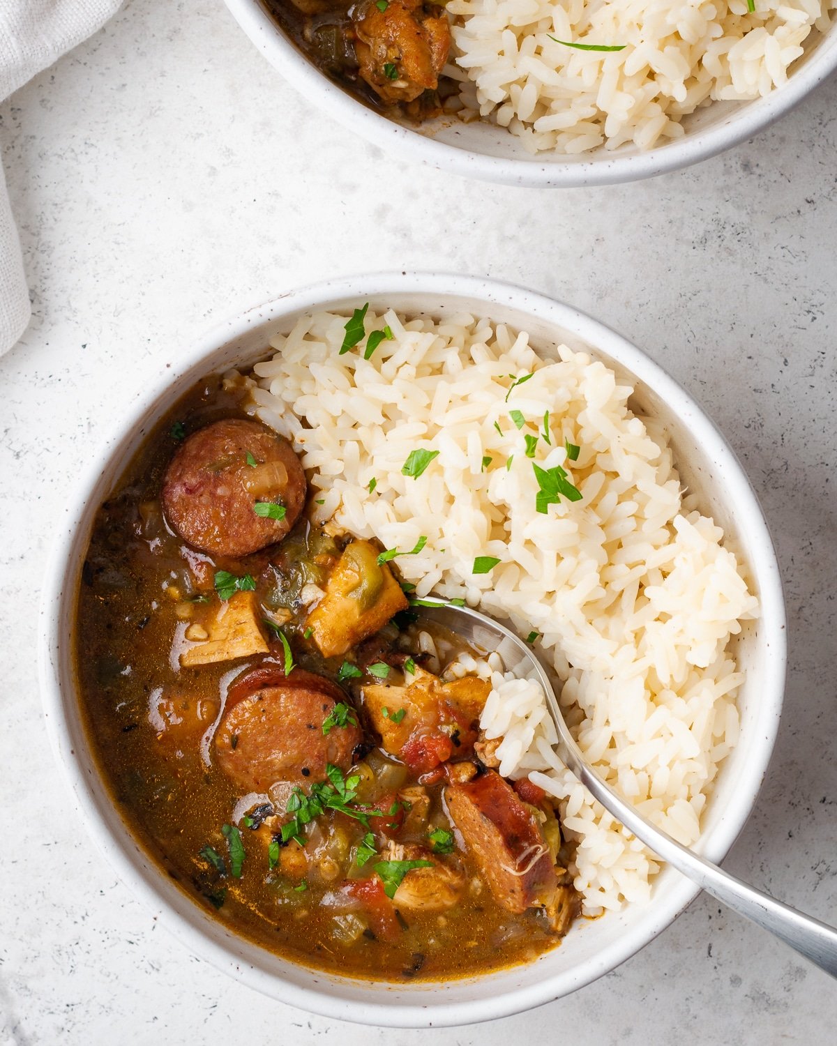 gumbo in a white bowl