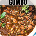 chicken and sausage gumbo recipe in a blue dutch oven