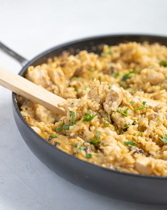 chicken and rice in a skillet 