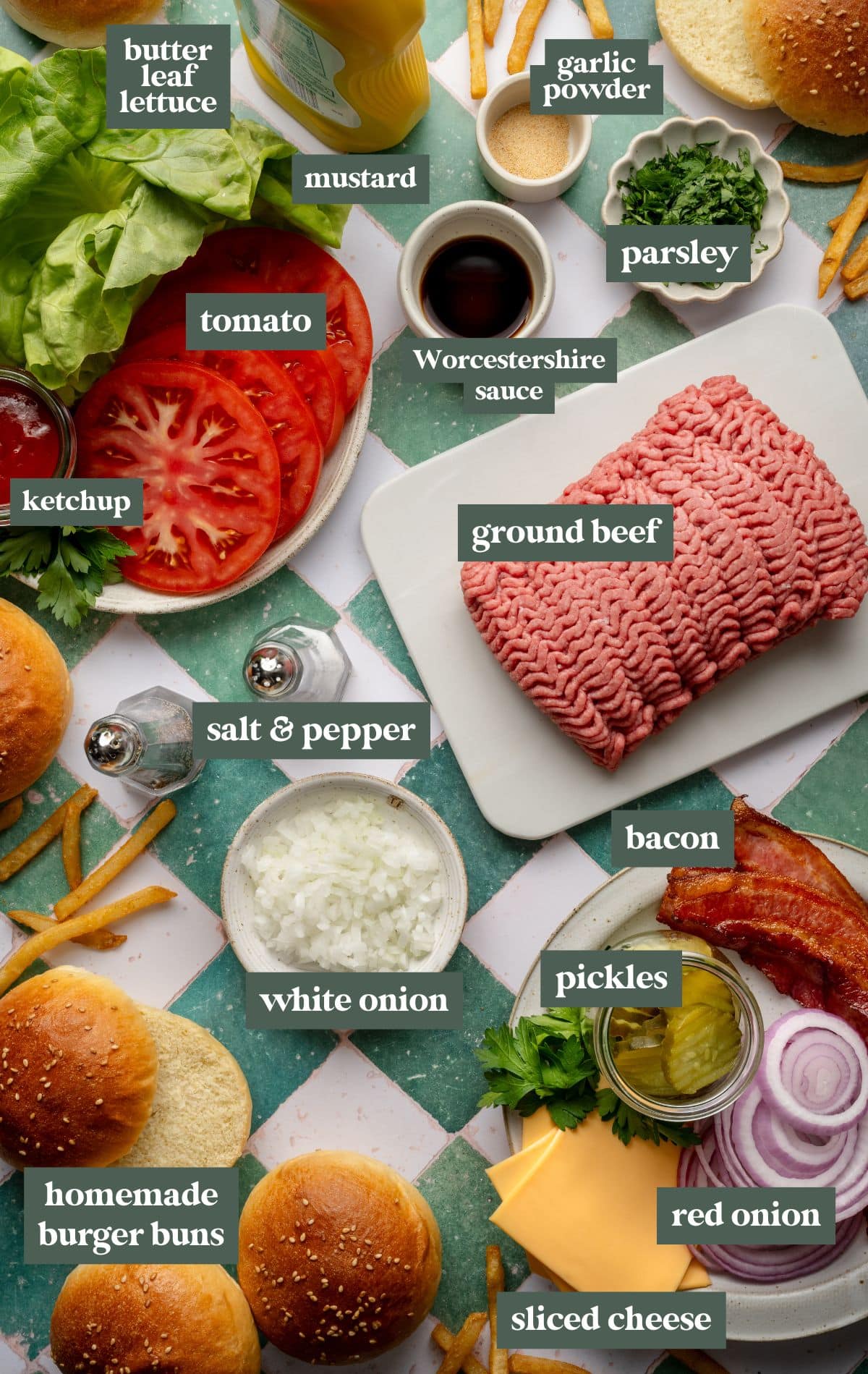 Top-down view of fresh homemade burger ingredients neatly arranged on a green and white tiled surface. Labeled items include butter leaf lettuce, mustard, garlic powder, parsley, Worcestershire sauce, ground beef, ketchup, tomato slices, salt and pepper, diced white onion, bacon, pickles, sliced red onion, sliced cheddar cheese, and homemade sesame seed burger buns. French fries are scattered around the scene.