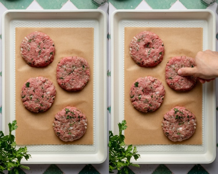 Side-by-side images of shaped raw hamburger patties on a parchment-lined tray. A hand presses the center of one patty to form an indentation before grilling.