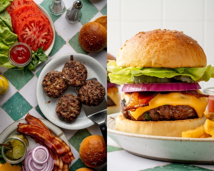 Split image showing grilled beef patties with toppings like lettuce, tomato, bacon, and pickles ready for assembly, and a finished cheeseburger stacked with toppings and fries.