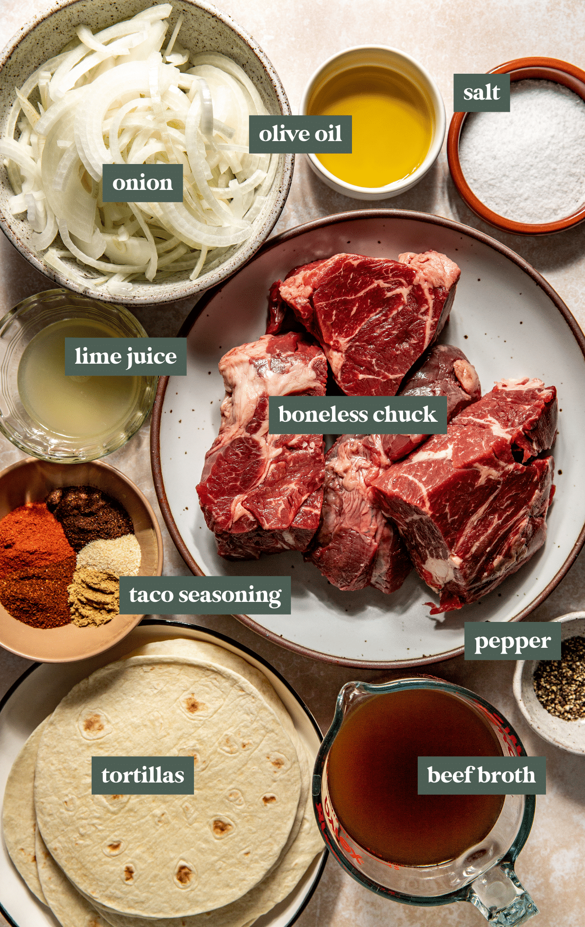 ingredients in small glass bowls and plates needed to make shredded beef. 