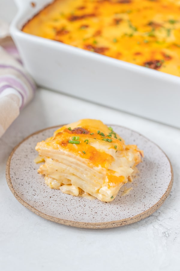 cheesy scalloped potatoes on a plate