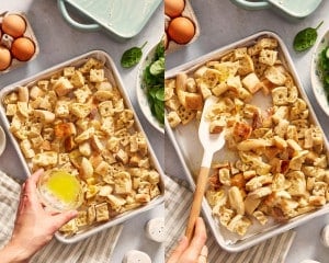 Two-panel collage showing cubed English muffins in a parchment-lined baking dish. In the first frame, melted butter is being poured over the bread cubes. In the second frame, a spatula is used to toss the bread cubes to evenly coat them with butter.