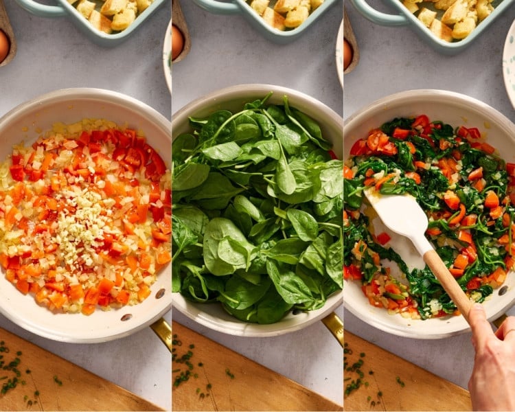 Three-panel collage showing minced garlic added to saut&eacute;ed onions and bell peppers, fresh baby spinach added to the skillet, and the spinach wilted into the vegetable mixture while being stirred with a spatula.