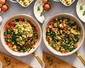 Two-panel collage showing chopped marinated artichokes and chives added to the spinach and vegetable mixture, followed by the fully combined filling cooked together in the skillet.