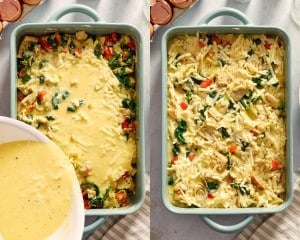Two-panel collage showing the egg and cheese mixture being poured over the English muffin and vegetable layers in a casserole dish, followed by the assembled overnight egg bake topped with additional shredded cheese and visible spinach, bell peppers, and marinated artichokes.