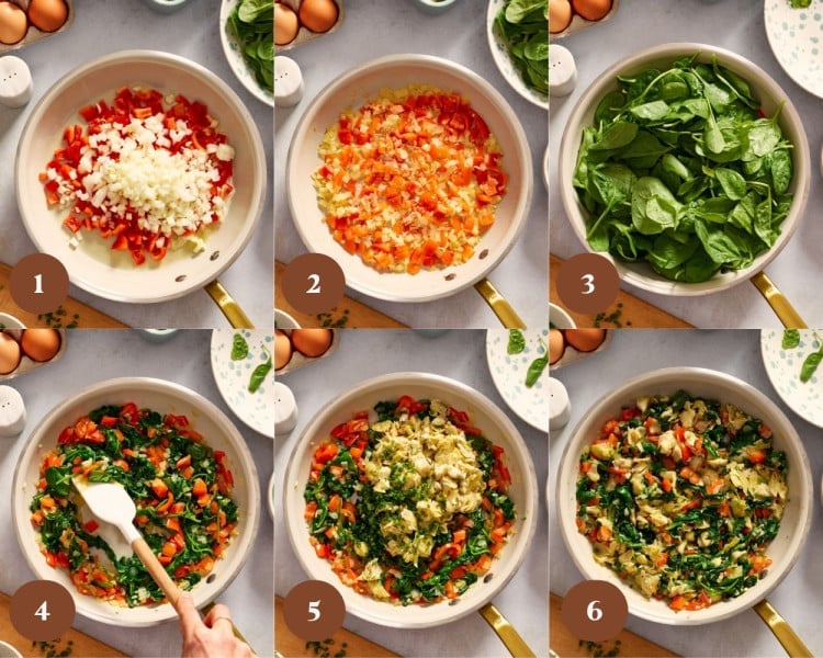 Six-panel collage showing the process of cooking the vegetable filling for an overnight artichoke spinach egg bake. The steps include saut&eacute;ing diced red bell peppers and onions in a skillet, cooking until softened, adding fresh spinach, stirring until wilted, mixing in chopped marinated artichokes and fresh herbs, and the final cooked vegetable mixture fully combined in the pan.