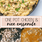 chicken and rice in a frying pan