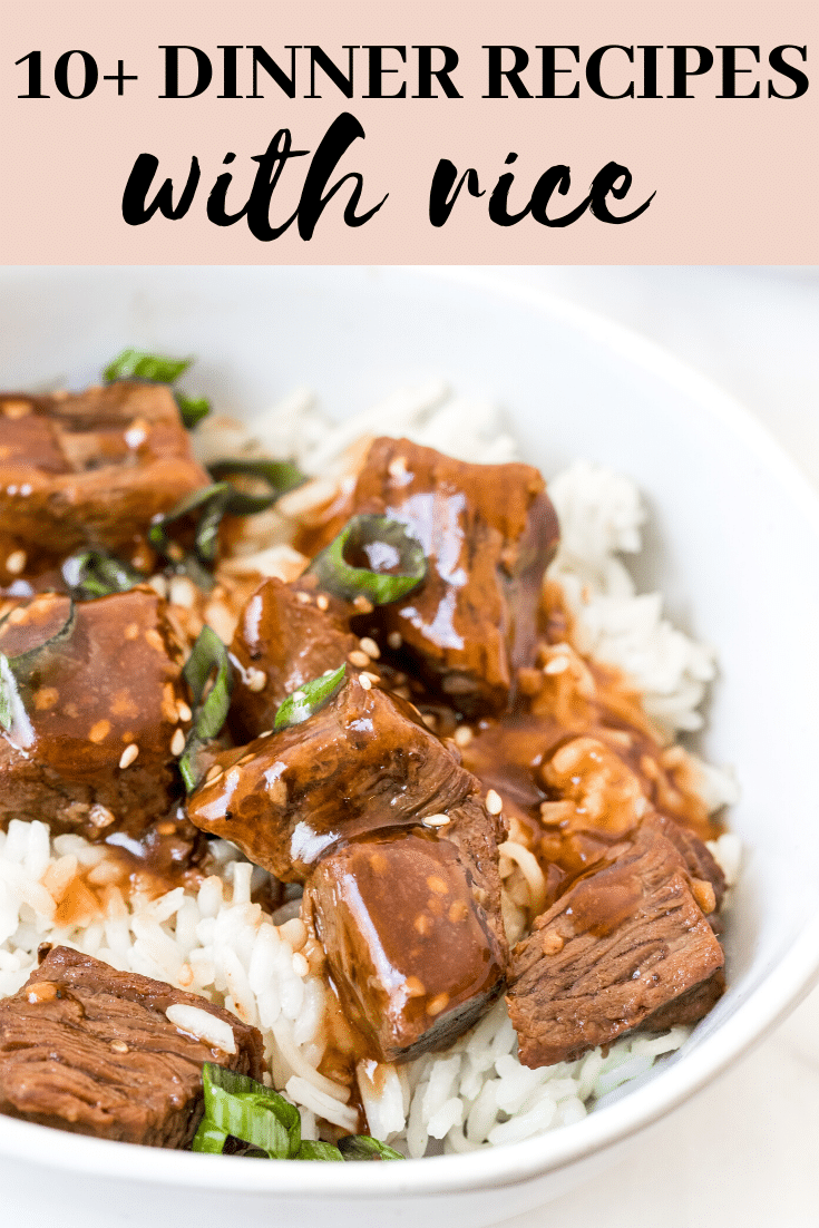 steak bites in a white bowl with white rice