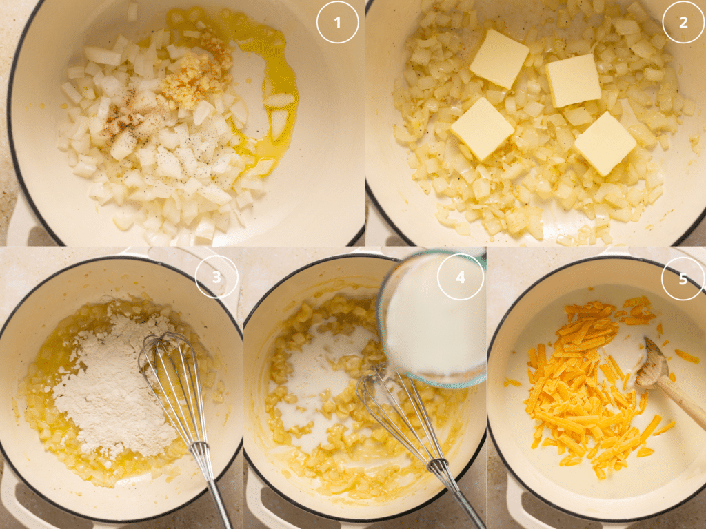 step by step photos of making a cheese sauce for potatoes. 