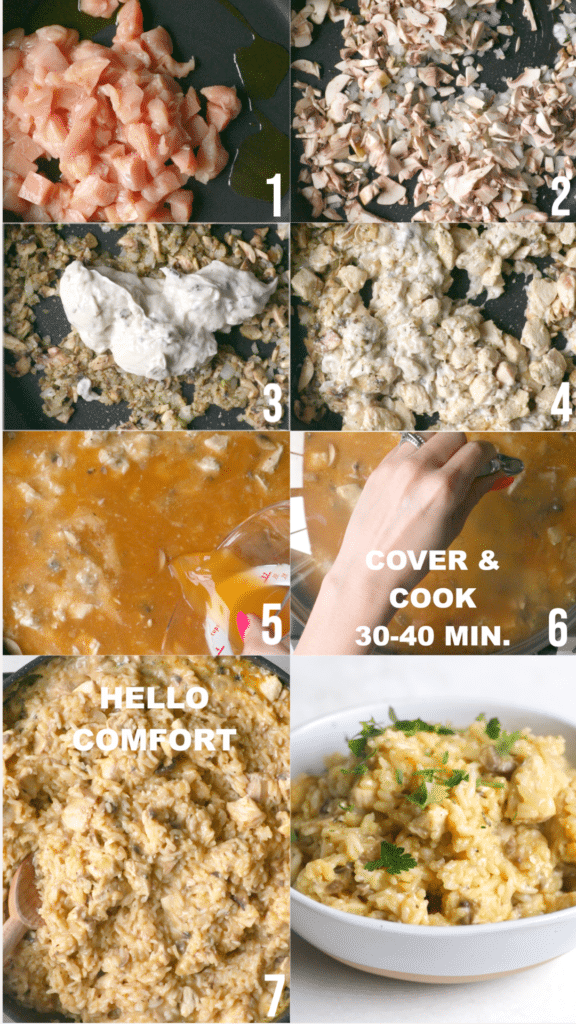 step by step photos of how to make a one pot chicken and rice casserole