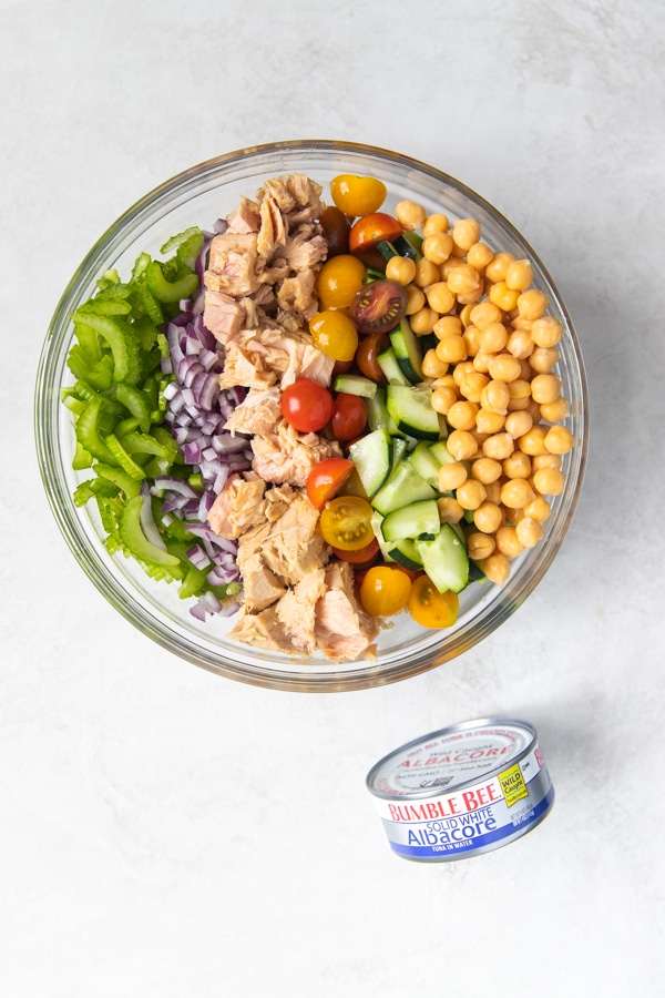 Mediterranean Tuna Salad  ingredients in one large bowl
