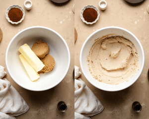 Side-by-side image of beating the butter and brown sugar together.