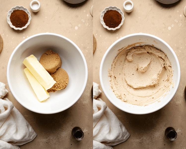 Side-by-side image of beating the butter and brown sugar together.