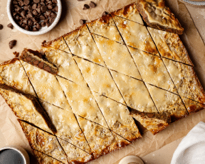 Coffee cookie bars cut into diagonal diamond shape.