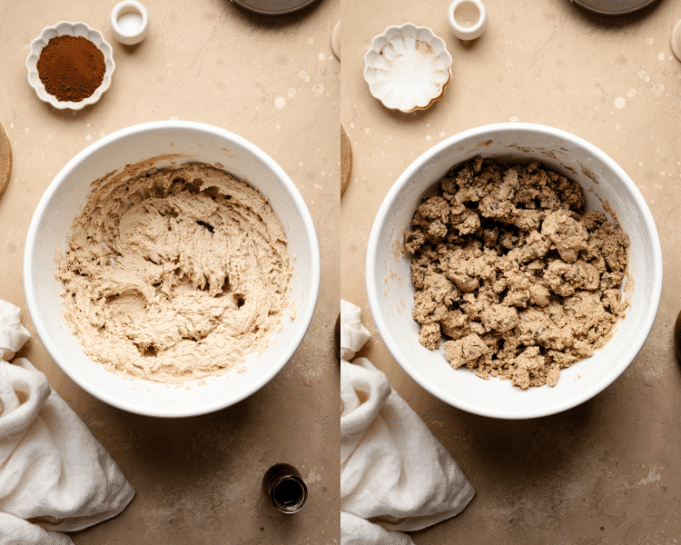 Side-by-side image of mixing ingredients together for cookie bar base.
