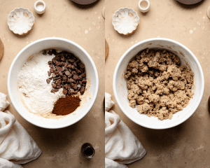 Side-by-side image of adding the rest of the cookie bar ingredients to the butter and sugar and mixing together.