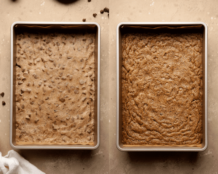 Side-by-side image of adding the cookie base to a 9x13 pan, pressing down then baking for 18-20 minutes.