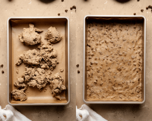 Side-by-side image of adding the coffee cookie dough batter to 9x13 pan and pressing down.