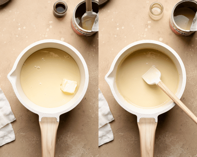 Side-by-side image of combing the topping ingredients in a small saucepan.