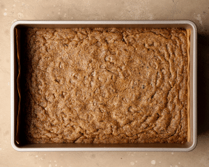 Coffee cookie bars base baked in 9x13 pan.