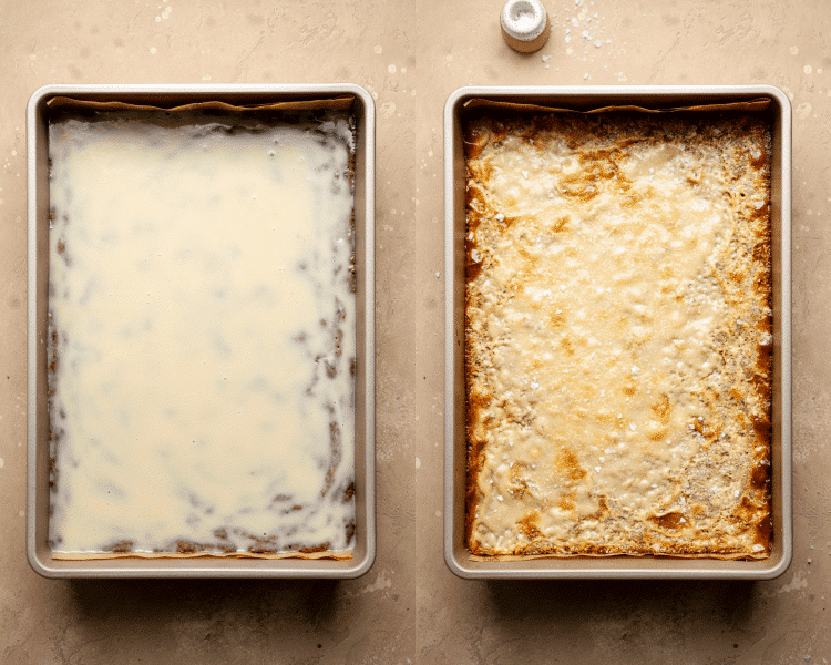 Side-by-side image of adding topping to cookie bars and baking for an additional 8-10 minutes, or until the topping is set.